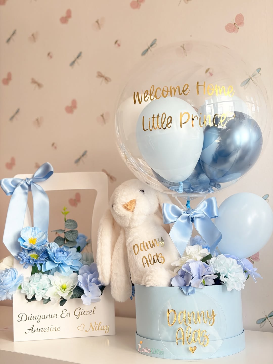 ÇİÇEK&BALON&PELUŞ KONSEPT ANNE-BEBEK SETİ / MAVİ